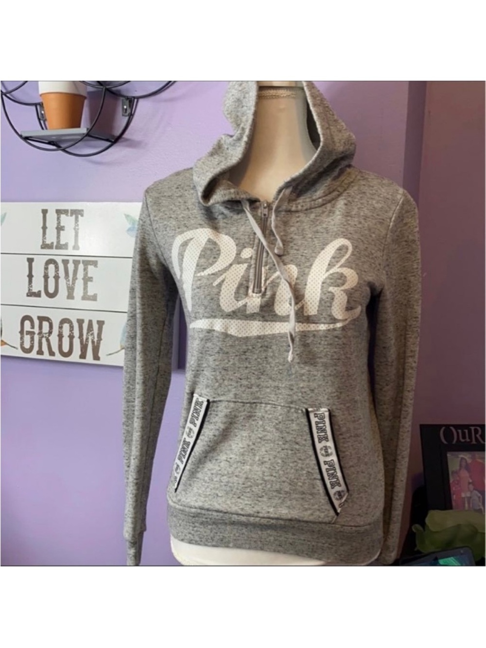 Victoria’s Secret PINK Gray Heather Quarter Zip Hoodie Pullover Women’s XS - Picture 2 of 4